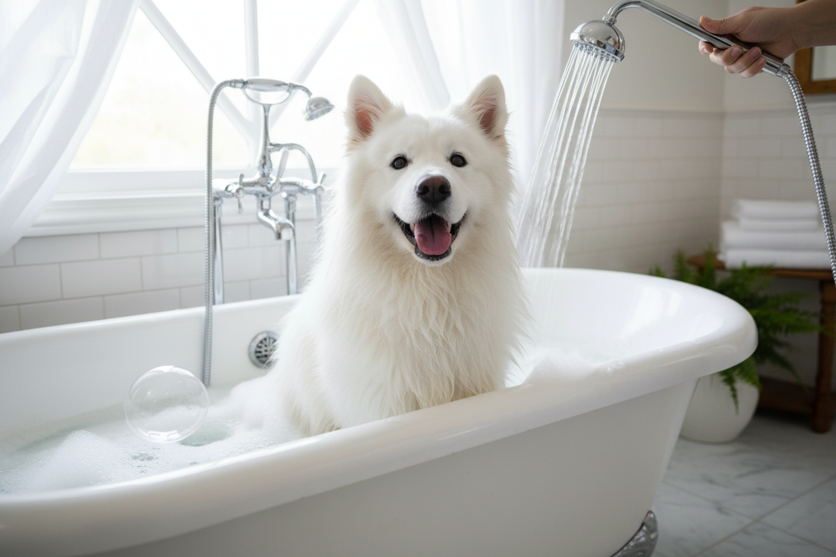 Fluffy white dog in bathroom spa
